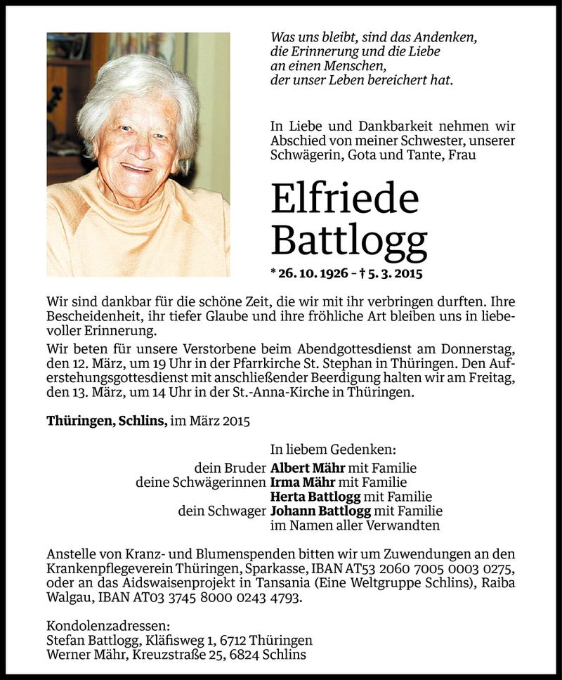  Todesanzeige für Elfriede Battlogg vom 09.03.2015 aus Vorarlberger Nachrichten