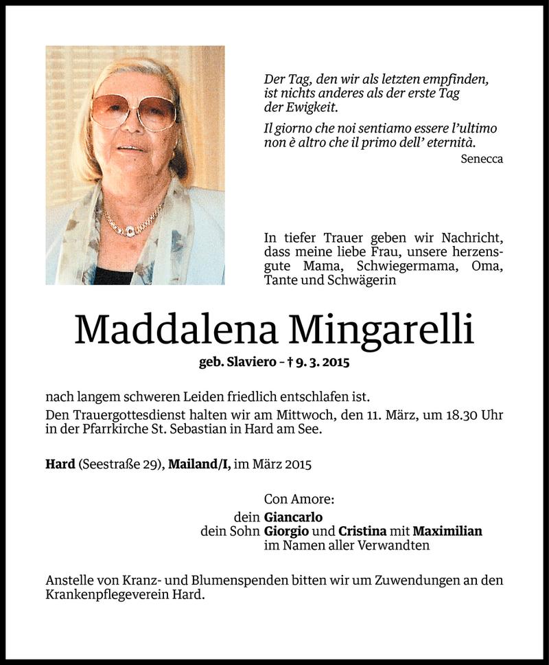  Todesanzeige für Maddalena Mingarelli vom 09.03.2015 aus Vorarlberger Nachrichten