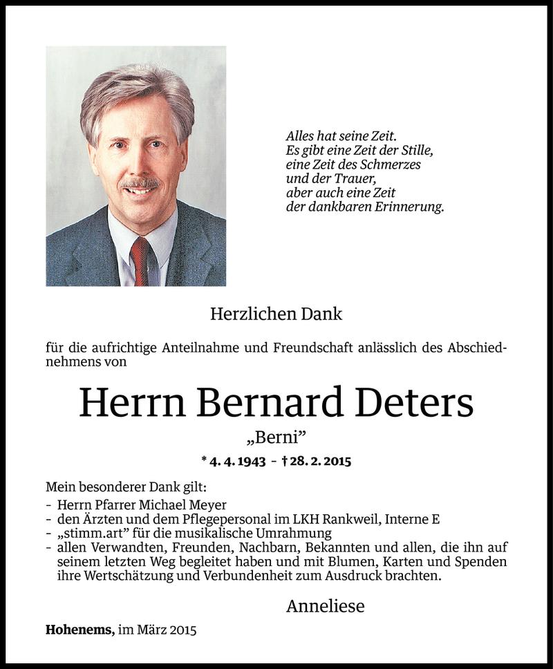  Todesanzeige für Bernard Deters vom 20.03.2015 aus Vorarlberger Nachrichten