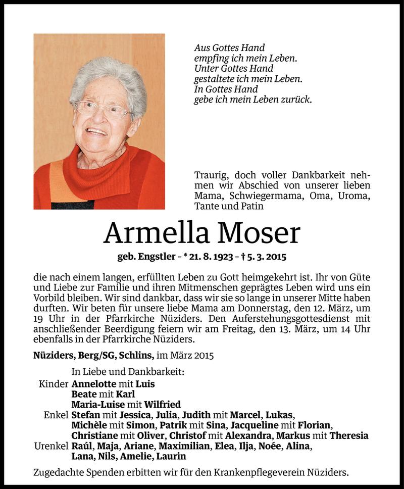  Todesanzeige für Armella Moser vom 10.03.2015 aus Vorarlberger Nachrichten