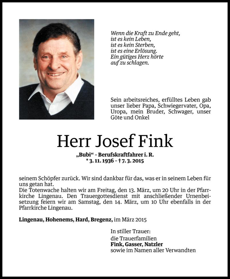  Todesanzeige für Josef Fink vom 10.03.2015 aus Vorarlberger Nachrichten