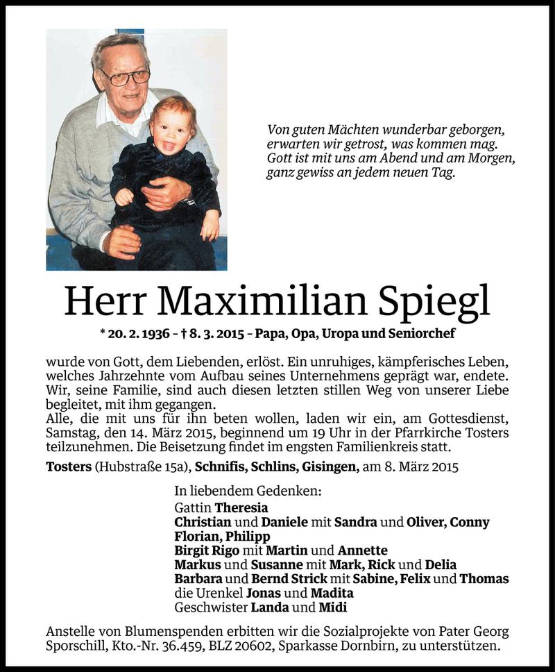  Todesanzeige für Maximilian Spiegl vom 10.03.2015 aus Vorarlberger Nachrichten