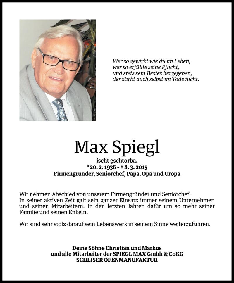  Todesanzeige für Maximilian Spiegl vom 10.03.2015 aus Vorarlberger Nachrichten