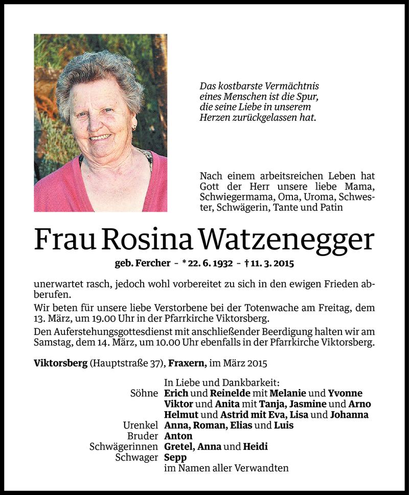  Todesanzeige für Rosina Watzenegger vom 12.03.2015 aus Vorarlberger Nachrichten