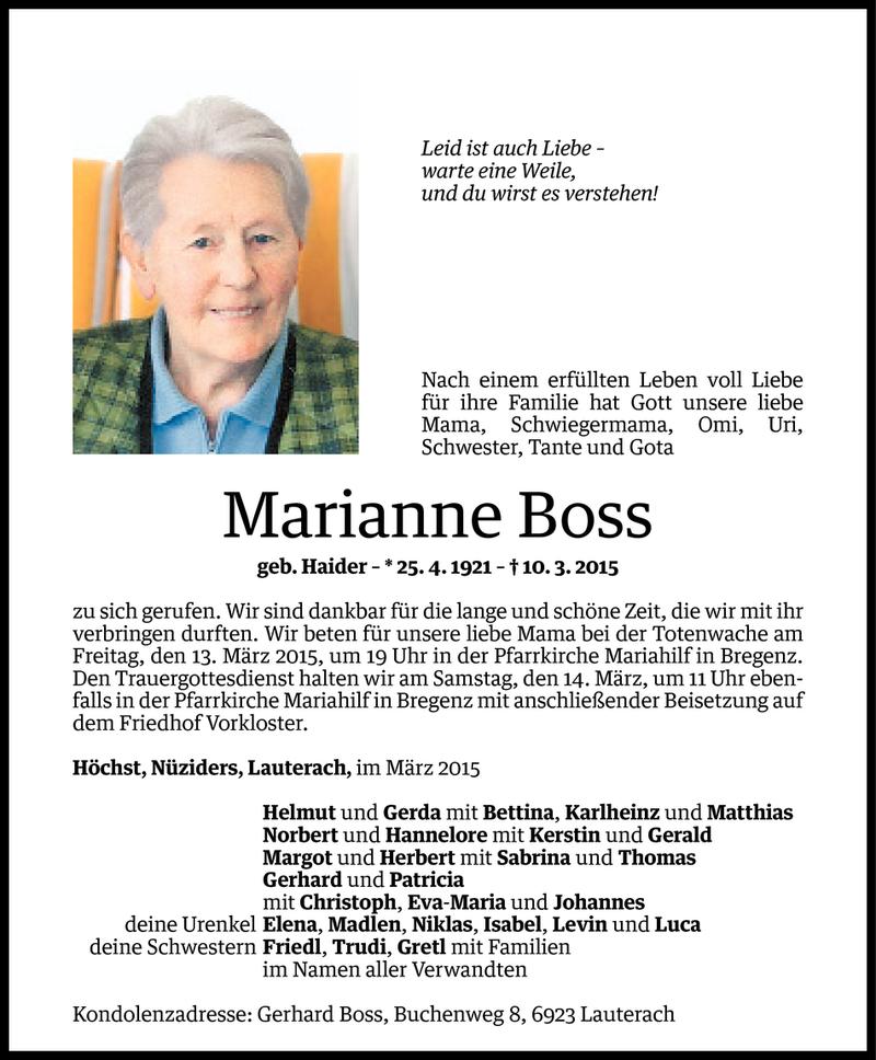  Todesanzeige für Marianne Boss vom 11.03.2015 aus Vorarlberger Nachrichten