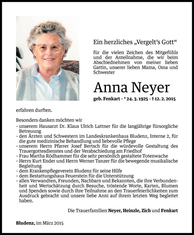  Todesanzeige für Anna Neyer vom 14.03.2015 aus Vorarlberger Nachrichten