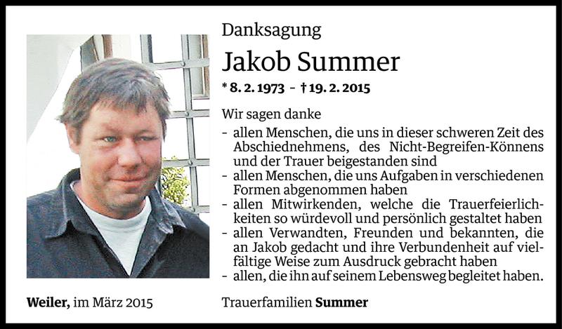  Todesanzeige für Jakob Summer vom 14.03.2015 aus Vorarlberger Nachrichten