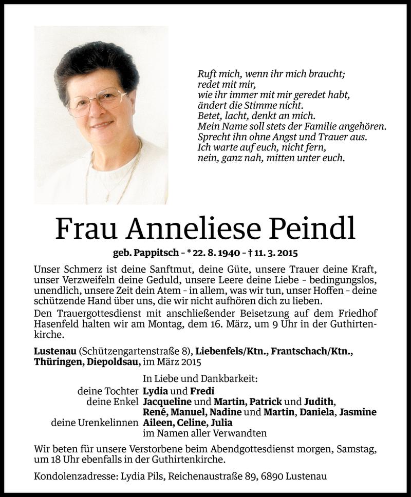  Todesanzeige für Anneliese Peindl vom 12.03.2015 aus Vorarlberger Nachrichten