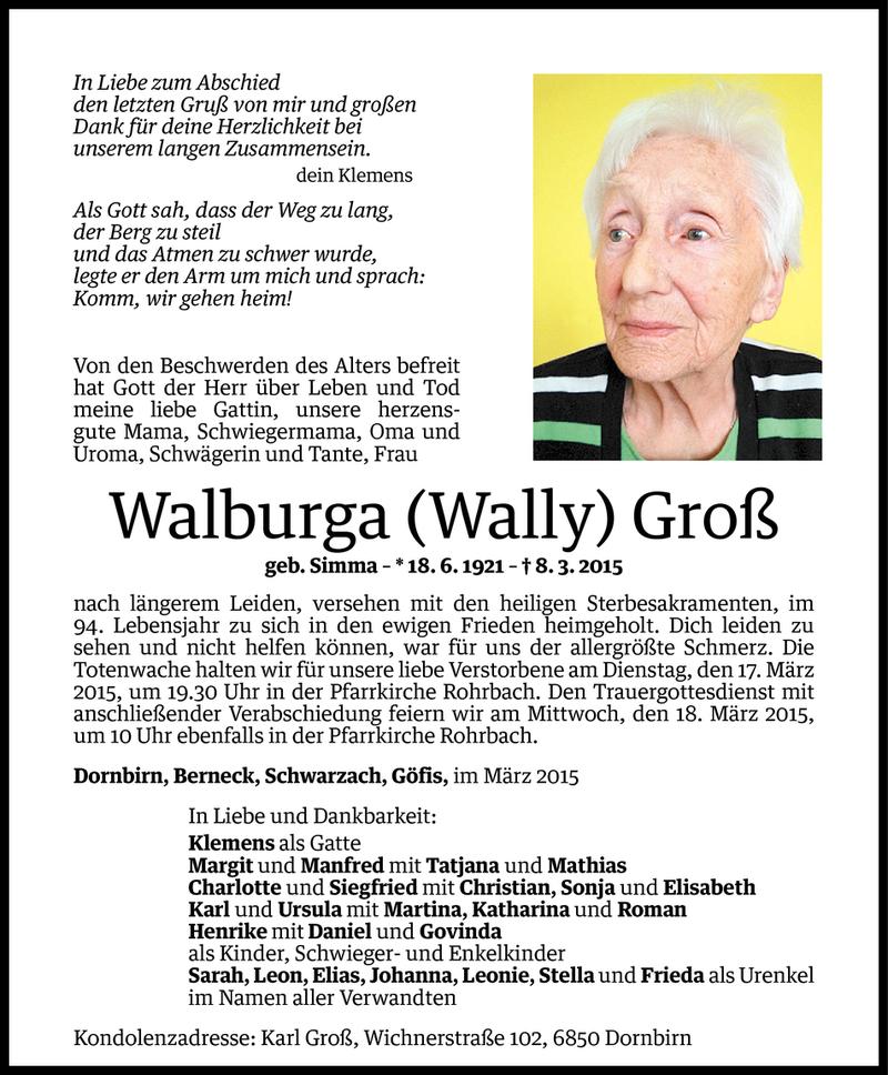  Todesanzeige für Walburga Groß vom 13.03.2015 aus Vorarlberger Nachrichten