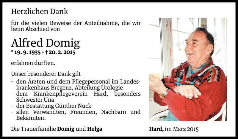  Todesanzeige für Alfred Domig vom 13.03.2015 aus Vorarlberger Nachrichten