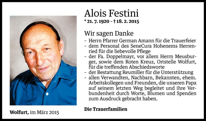  Todesanzeige für Alois Festini vom 13.03.2015 aus Vorarlberger Nachrichten