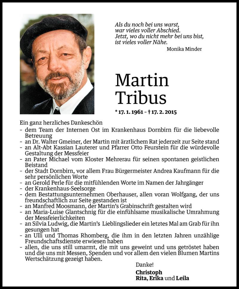  Todesanzeige für Martin Tribus vom 13.03.2015 aus Vorarlberger Nachrichten