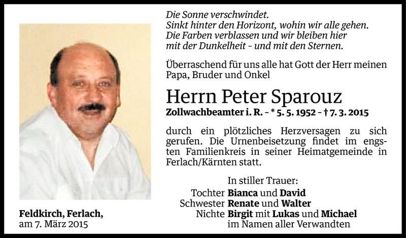  Todesanzeige für Peter Sparouz vom 14.03.2015 aus Vorarlberger Nachrichten