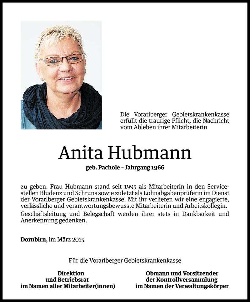  Todesanzeige für Anita Hubmann vom 13.03.2015 aus Vorarlberger Nachrichten