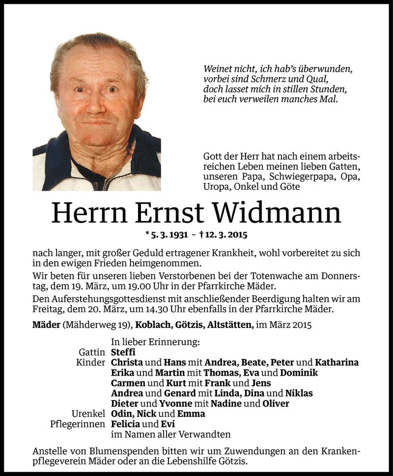  Todesanzeige für Ernst Widmann vom 17.03.2015 aus Vorarlberger Nachrichten