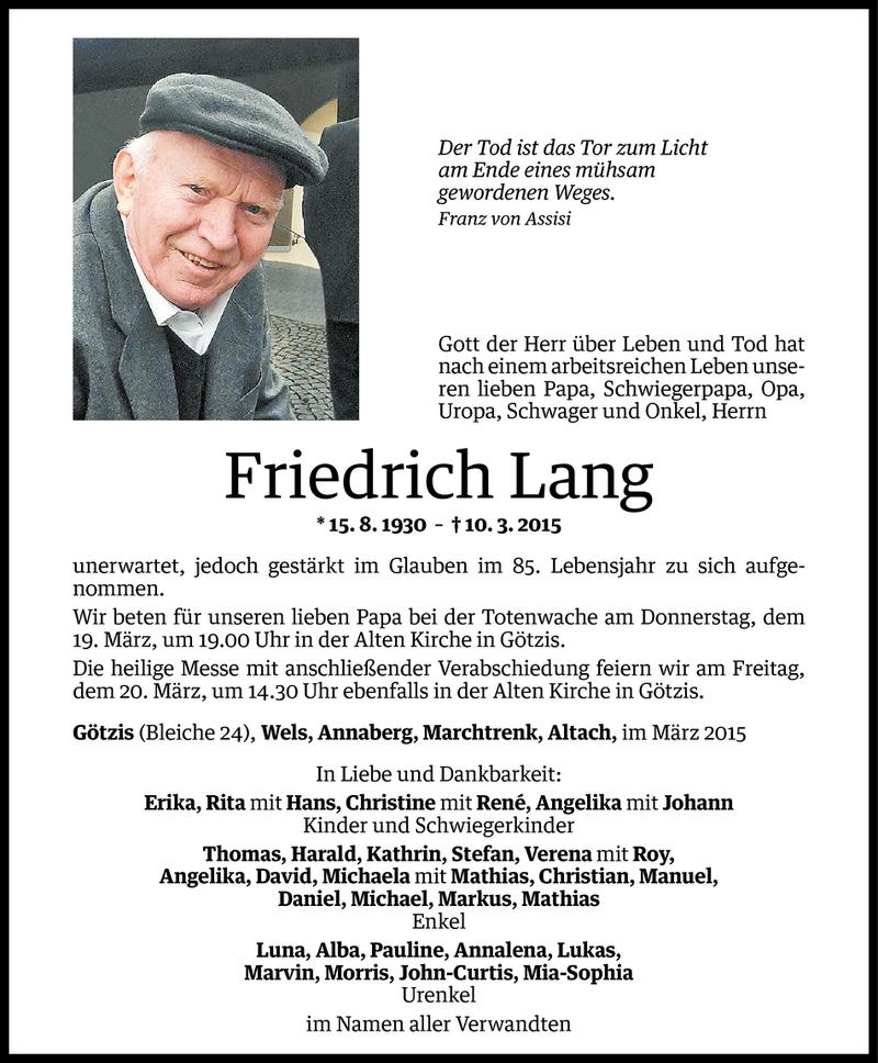  Todesanzeige für Friedrich Lang vom 17.03.2015 aus Vorarlberger Nachrichten