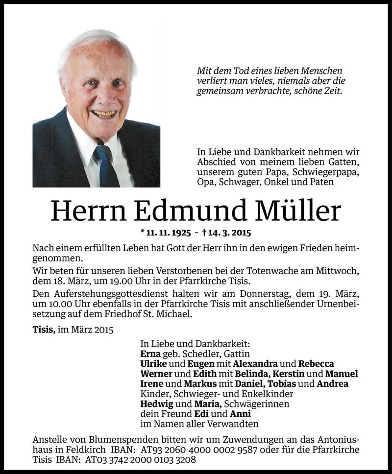  Todesanzeige für Edmund Müller vom 16.03.2015 aus Vorarlberger Nachrichten