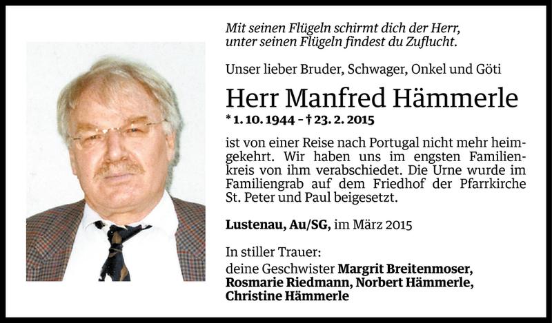  Todesanzeige für Manfred Hämmerle vom 16.03.2015 aus Vorarlberger Nachrichten