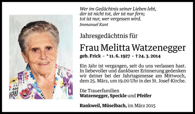  Todesanzeige für Melitta Watzenegger vom 24.03.2015 aus Vorarlberger Nachrichten