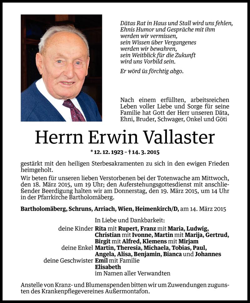  Todesanzeige für Erwin Vallaster vom 16.03.2015 aus Vorarlberger Nachrichten