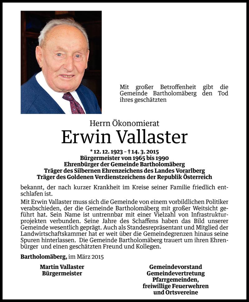  Todesanzeige für Erwin Vallaster vom 16.03.2015 aus Vorarlberger Nachrichten