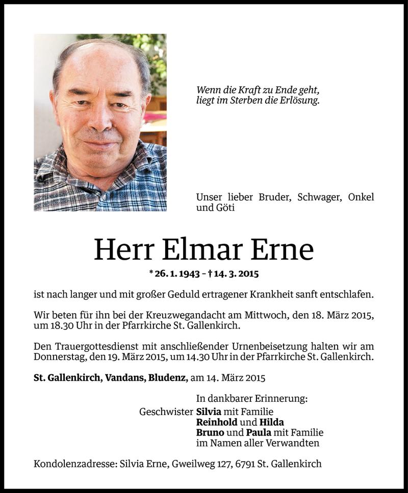  Todesanzeige für Elmar Erne vom 16.03.2015 aus Vorarlberger Nachrichten