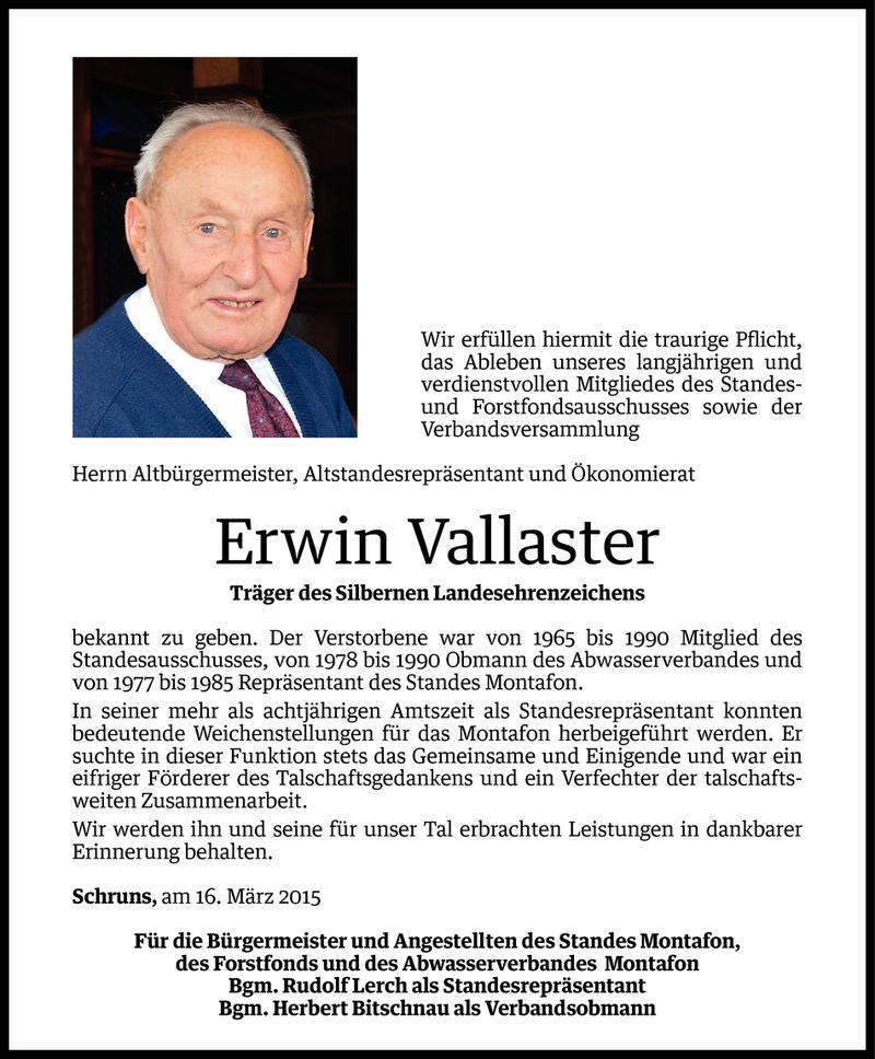  Todesanzeige für Erwin Vallaster vom 16.03.2015 aus Vorarlberger Nachrichten