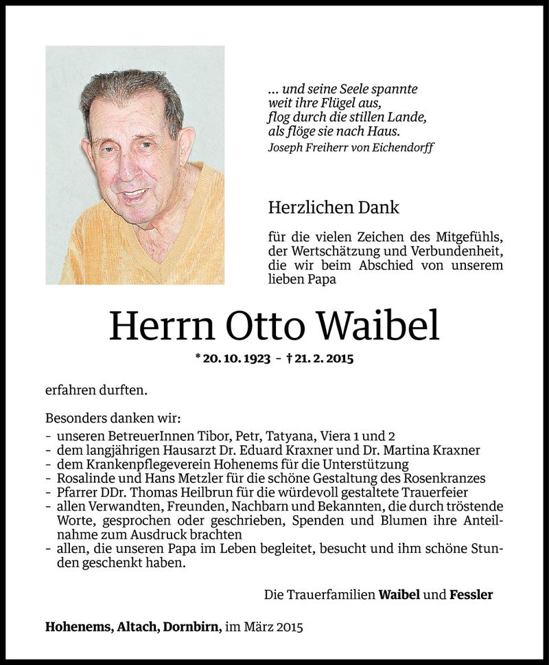  Todesanzeige für Otto Waibel vom 18.03.2015 aus Vorarlberger Nachrichten