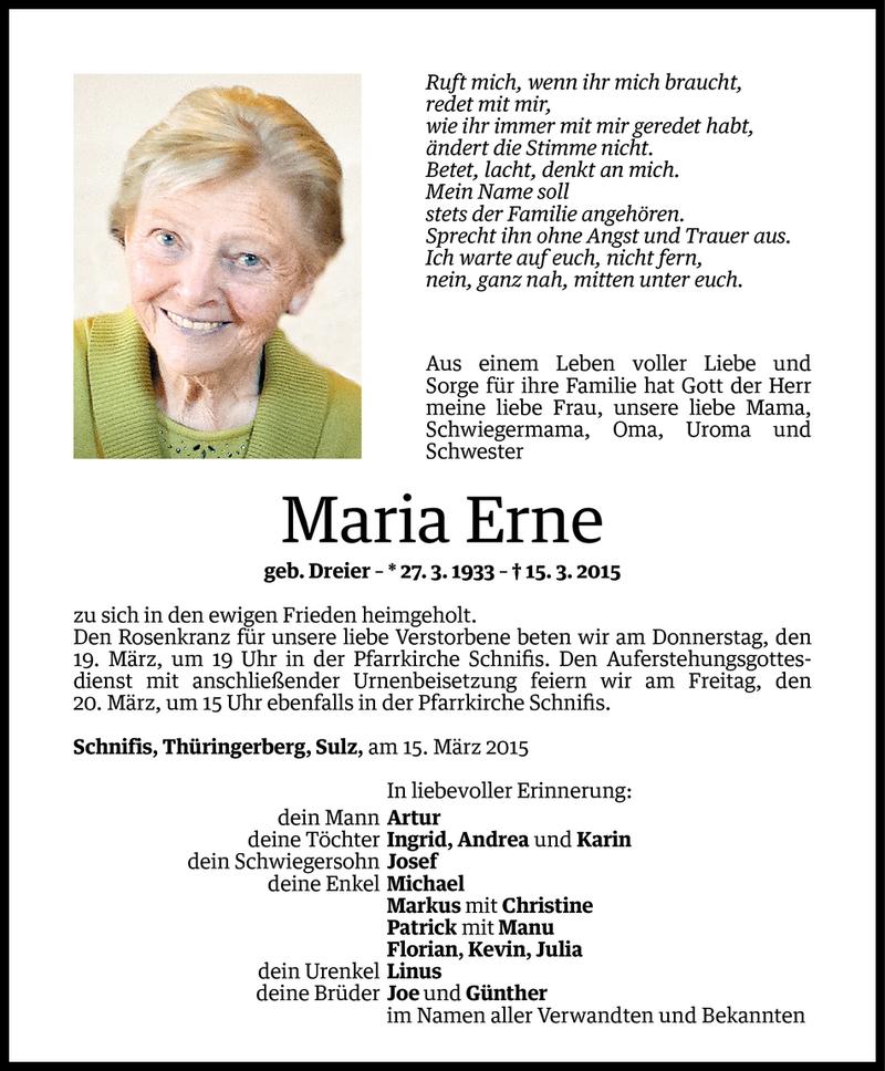  Todesanzeige für Maria Erne vom 17.03.2015 aus Vorarlberger Nachrichten