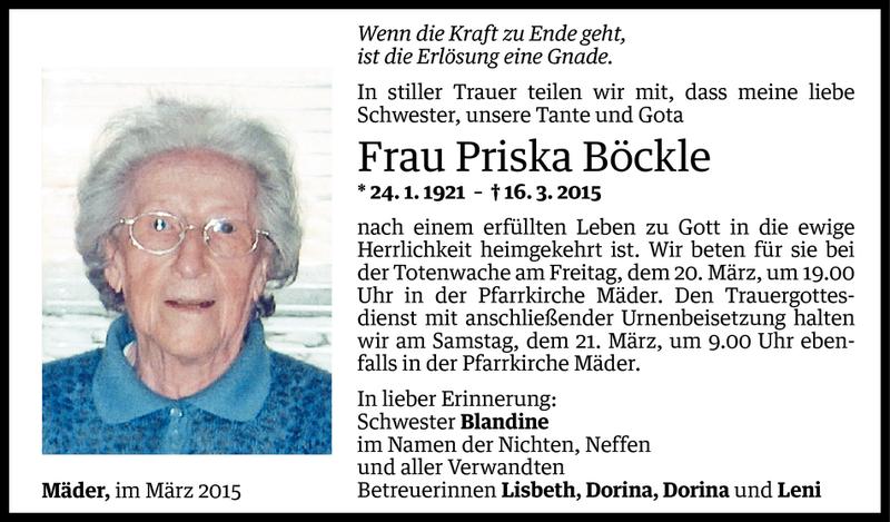  Todesanzeige für Priska Böckle vom 18.03.2015 aus Vorarlberger Nachrichten