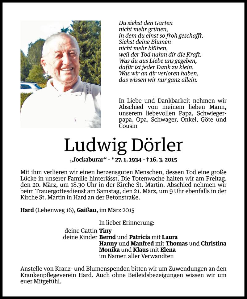  Todesanzeige für Ludwig Dörler vom 17.03.2015 aus Vorarlberger Nachrichten