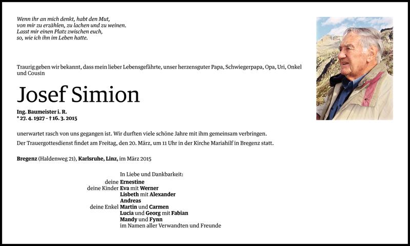  Todesanzeige für Josef Simion vom 17.03.2015 aus Vorarlberger Nachrichten