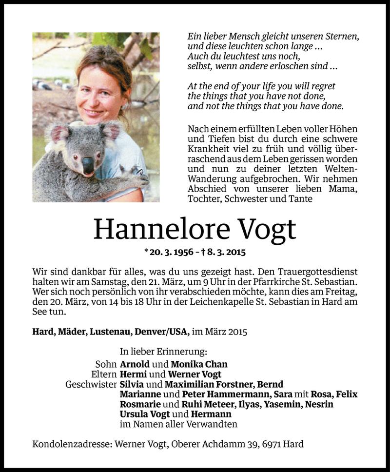  Todesanzeige für Hannelore Vogt vom 17.03.2015 aus Vorarlberger Nachrichten