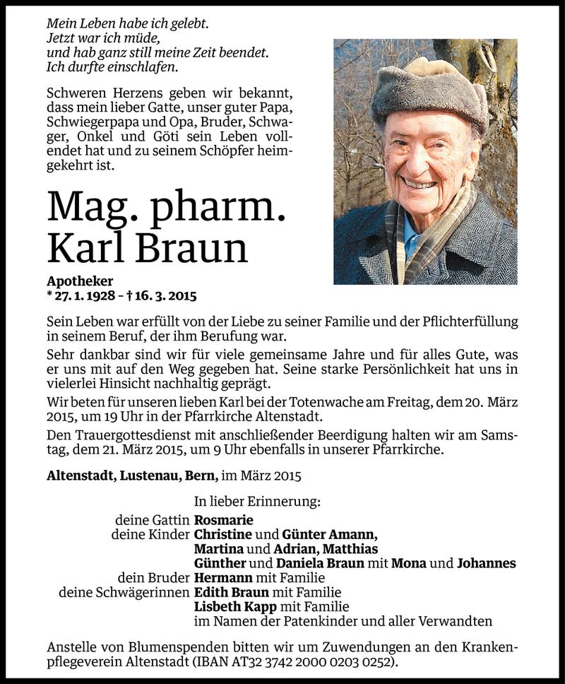  Todesanzeige für Karl Braun vom 17.03.2015 aus Vorarlberger Nachrichten