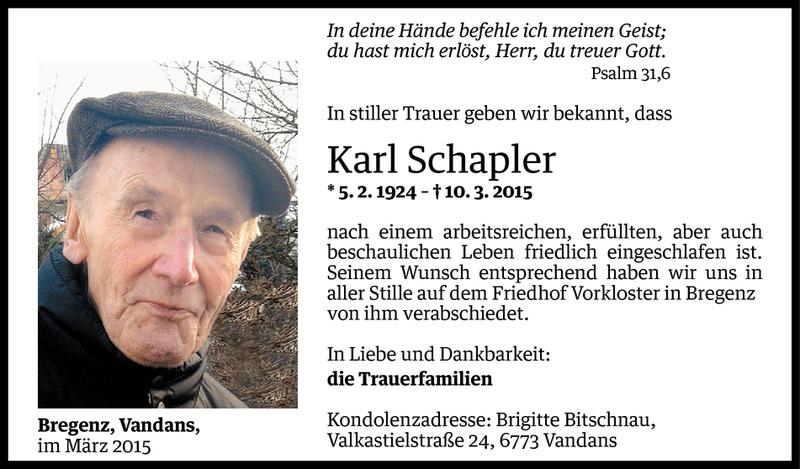  Todesanzeige für Karl Schapler vom 21.03.2015 aus Vorarlberger Nachrichten