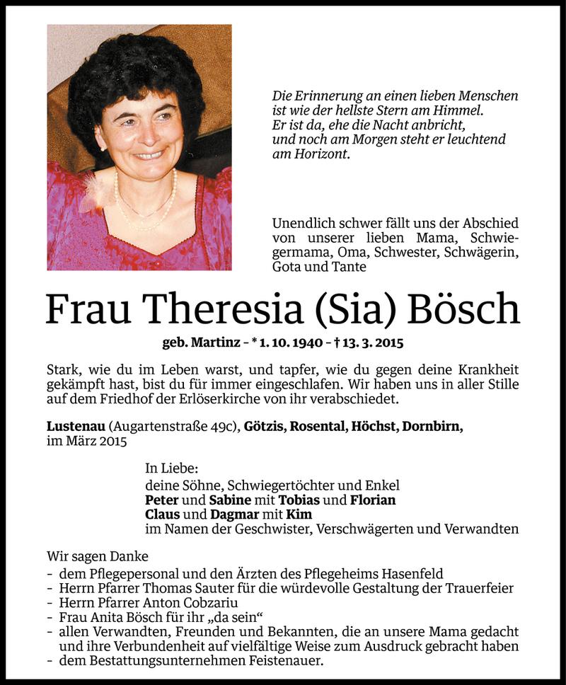  Todesanzeige für Theresia Bösch vom 18.03.2015 aus Vorarlberger Nachrichten