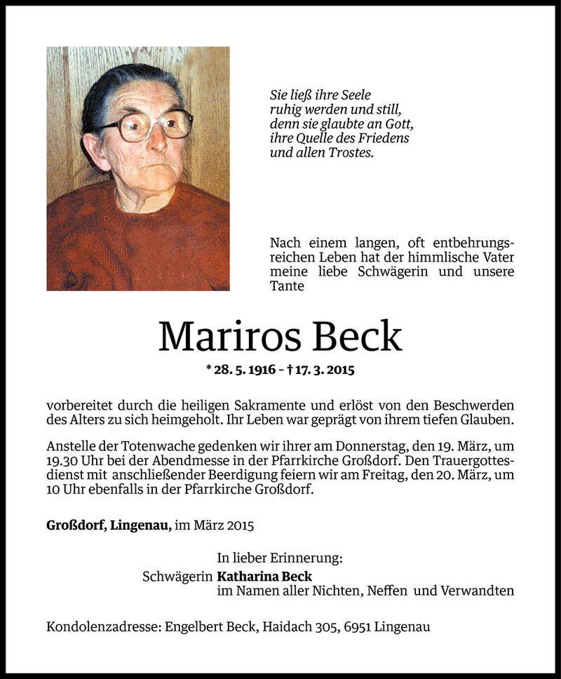  Todesanzeige für Mariros Beck vom 18.03.2015 aus Vorarlberger Nachrichten