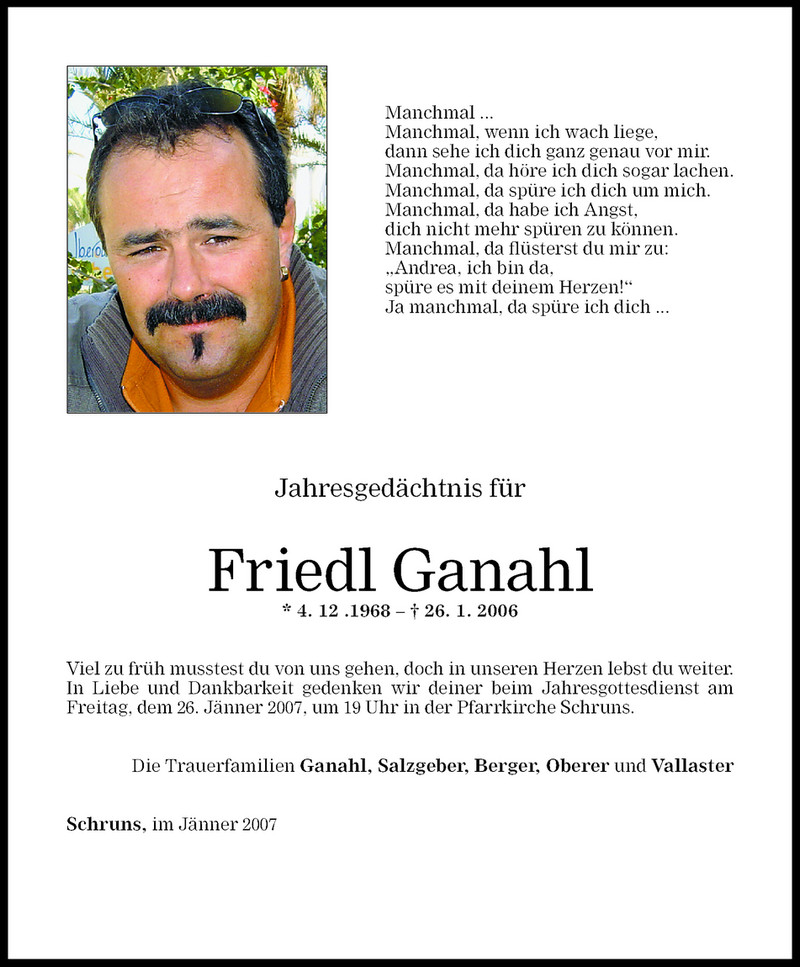  Todesanzeige für Friedl Ganahl vom 24.01.2007 aus Vorarlberger Nachrichten