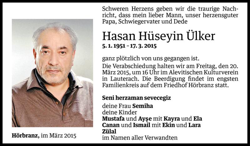  Todesanzeige für Hasan Hüseyin Ülker vom 18.03.2015 aus Vorarlberger Nachrichten