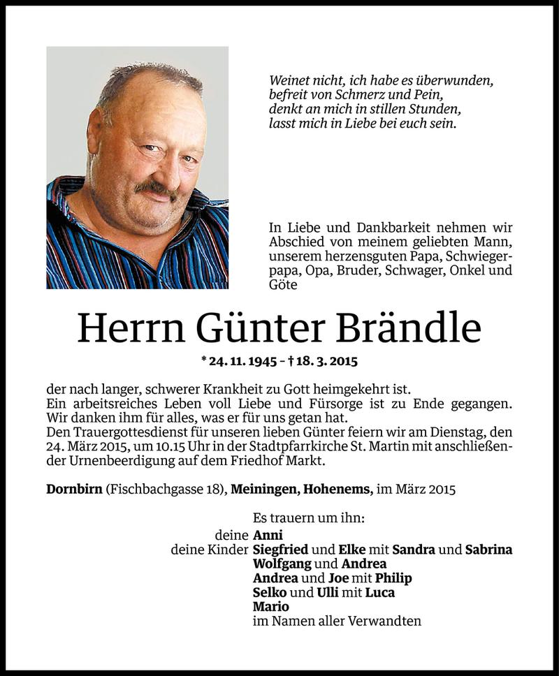  Todesanzeige für Günter Brändle vom 20.03.2015 aus Vorarlberger Nachrichten