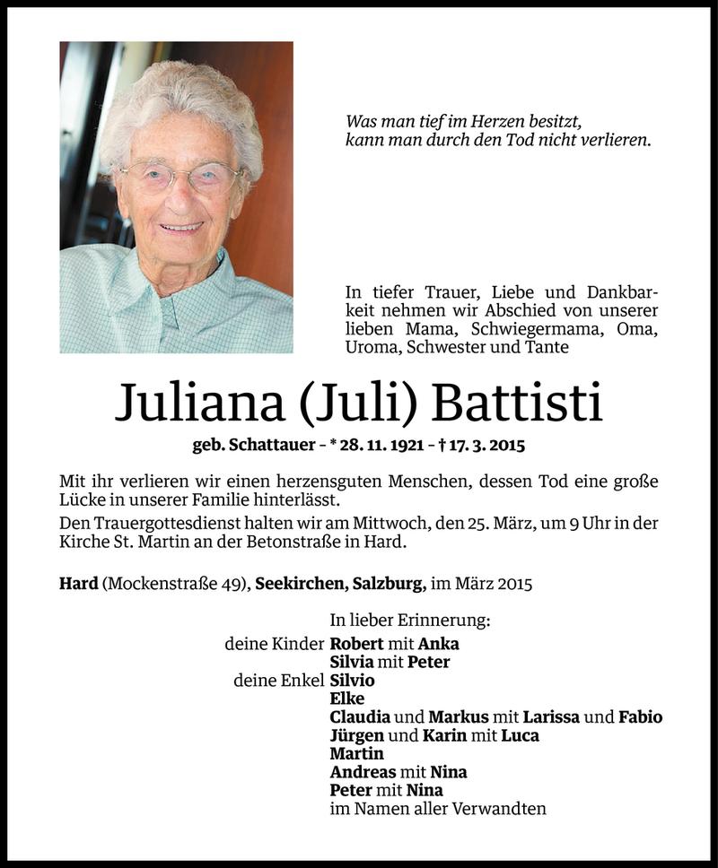  Todesanzeige für Juliana Battisti vom 20.03.2015 aus Vorarlberger Nachrichten