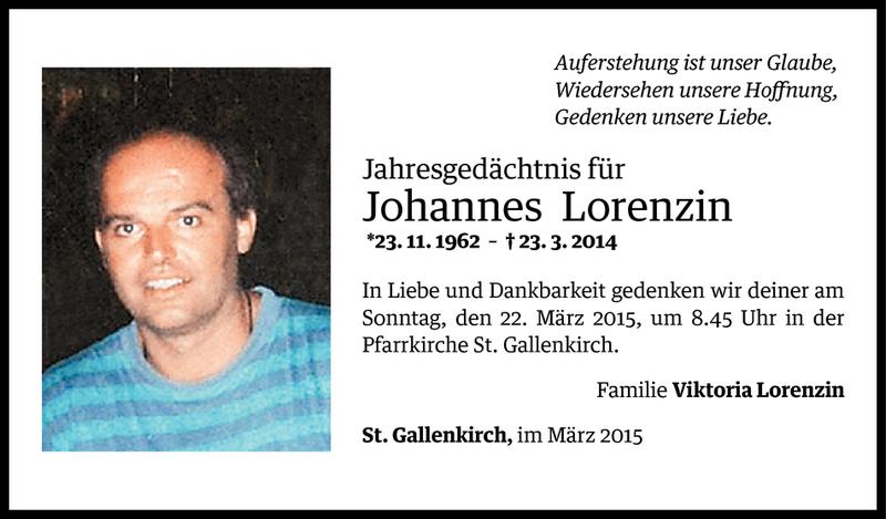  Todesanzeige für Johannes Lorenzin vom 19.03.2015 aus Vorarlberger Nachrichten