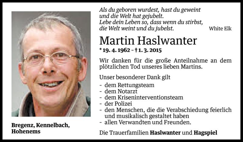  Todesanzeige für Martin Haslwanter vom 20.03.2015 aus Vorarlberger Nachrichten