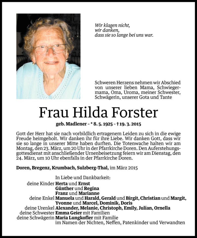  Todesanzeige für Hilda Forster vom 20.03.2015 aus Vorarlberger Nachrichten