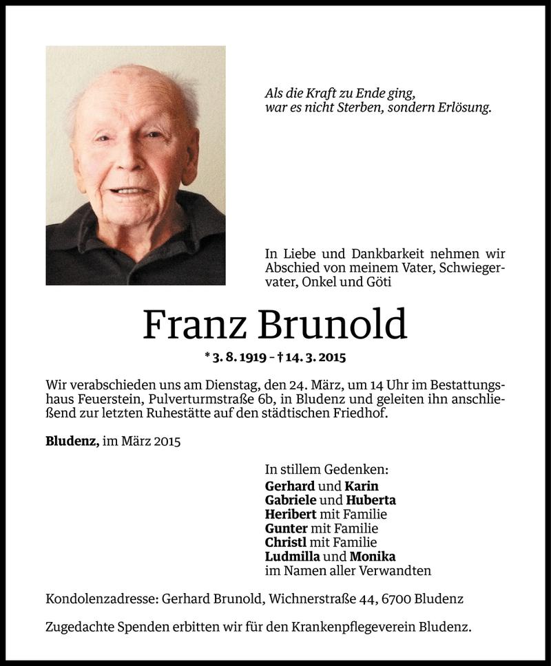  Todesanzeige für Franz Brunold vom 20.03.2015 aus Vorarlberger Nachrichten