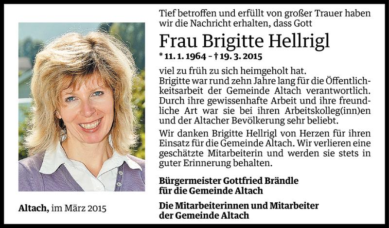 Todesanzeige für Brigitte Hellrigl vom 21.03.2015 aus Vorarlberger Nachrichten