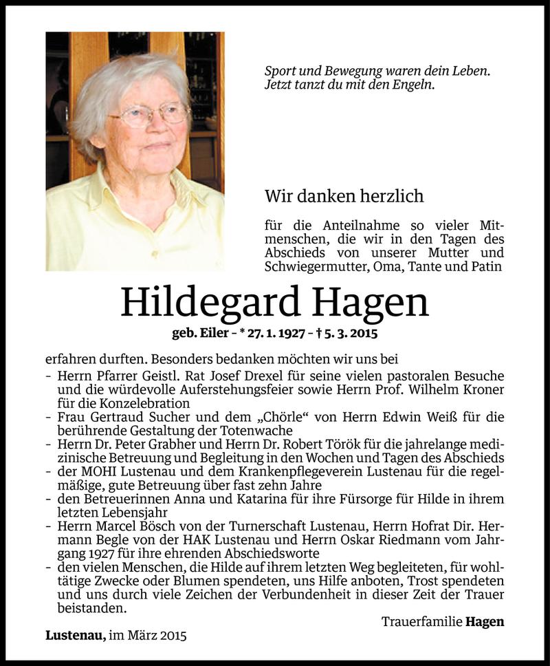  Todesanzeige für Hildegard Hagen vom 20.03.2015 aus Vorarlberger Nachrichten