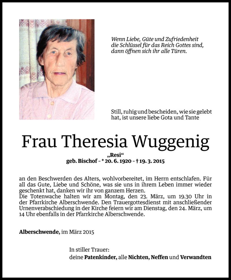  Todesanzeige für Theresia Wuggenig vom 20.03.2015 aus Vorarlberger Nachrichten