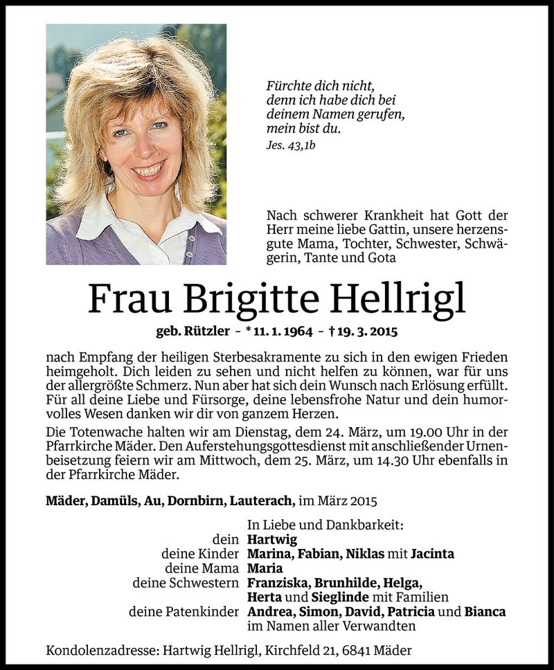  Todesanzeige für Brigitte Hellrigl vom 21.03.2015 aus Vorarlberger Nachrichten