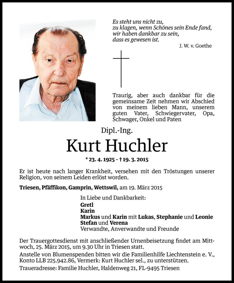  Todesanzeige für Kurt Huchler vom 22.03.2015 aus Vorarlberger Nachrichten